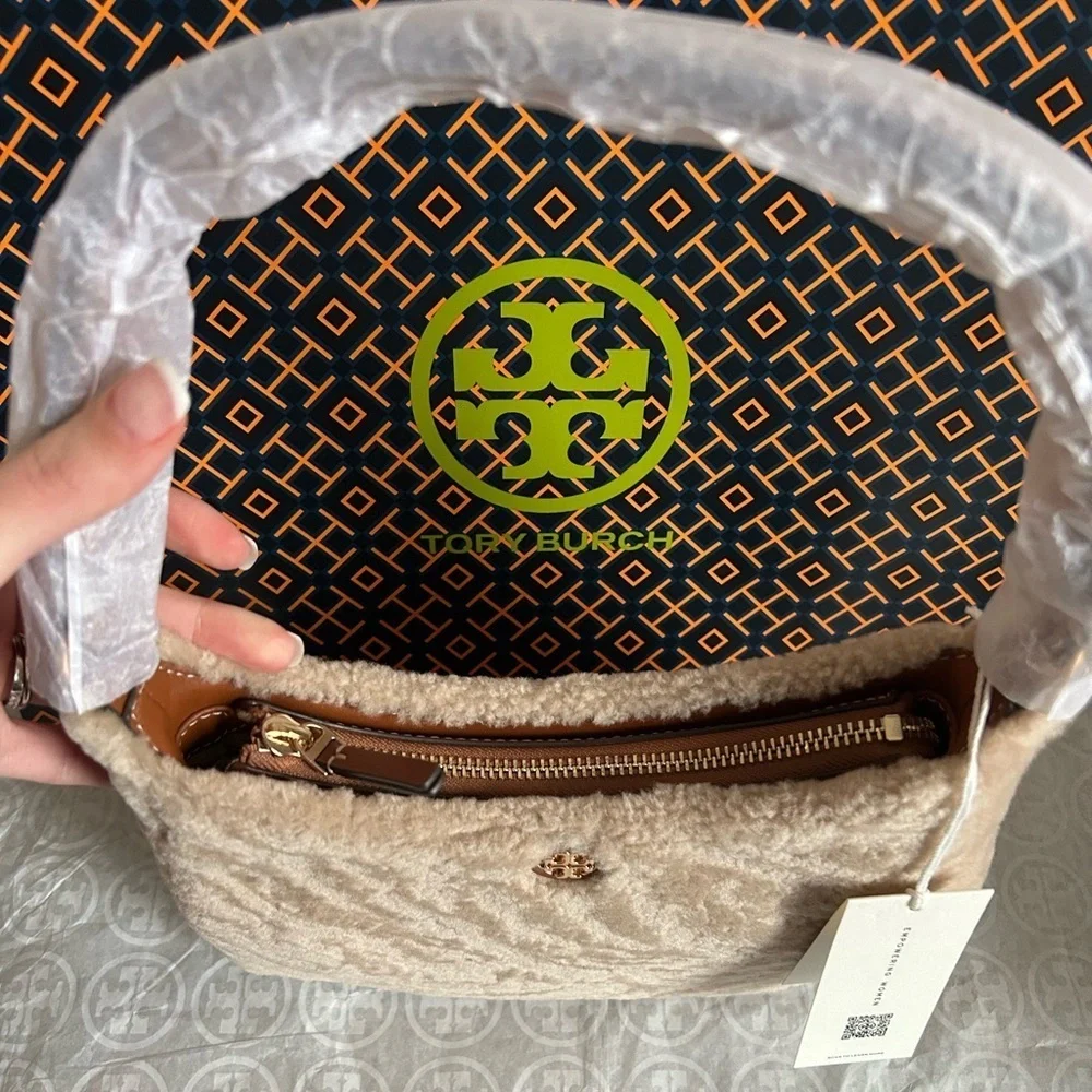 Tory Burch Emerson Shearling Shoulder Bag Fresh Wheat Gold Tan Brown Cream